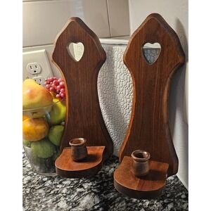 Vtg Wooden Heart Wall Sconce Candle Holder Farmhouse set of 2